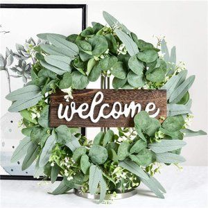16" Artificial Eucalyptus Wreath with Wooden Sign